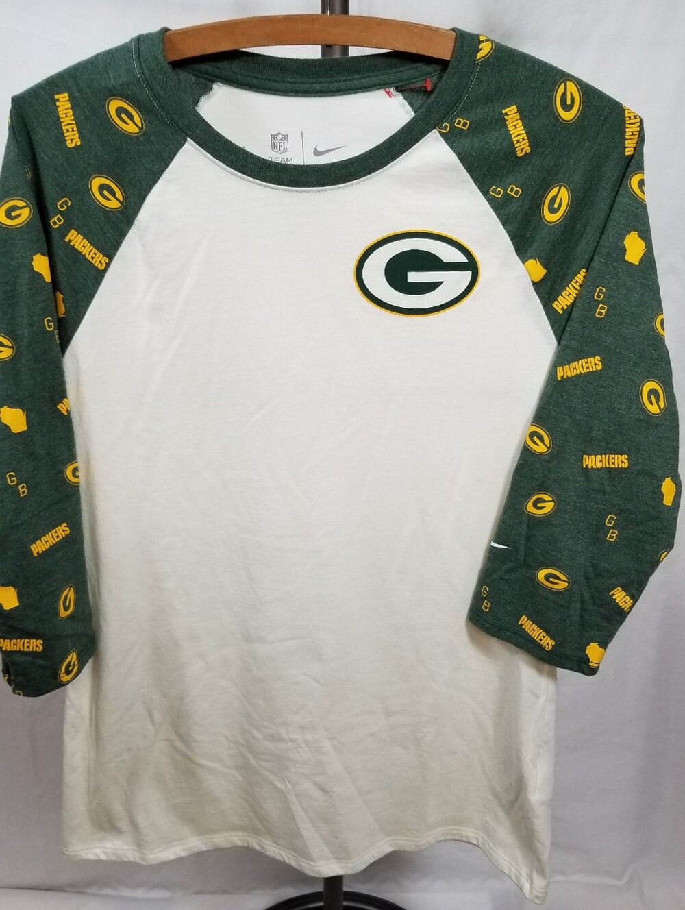 Green Bay Packers WI Nike NFL Team Apparel Cream Womens Med Baseball Style Top